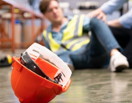 Men worker feel painful and hurt from the accident that happen inside of industrial factory while his co-worker come to give emergency assistance and help.