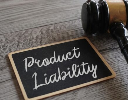 Closeup image of judge gavel and text PRODUCT LIABILITY